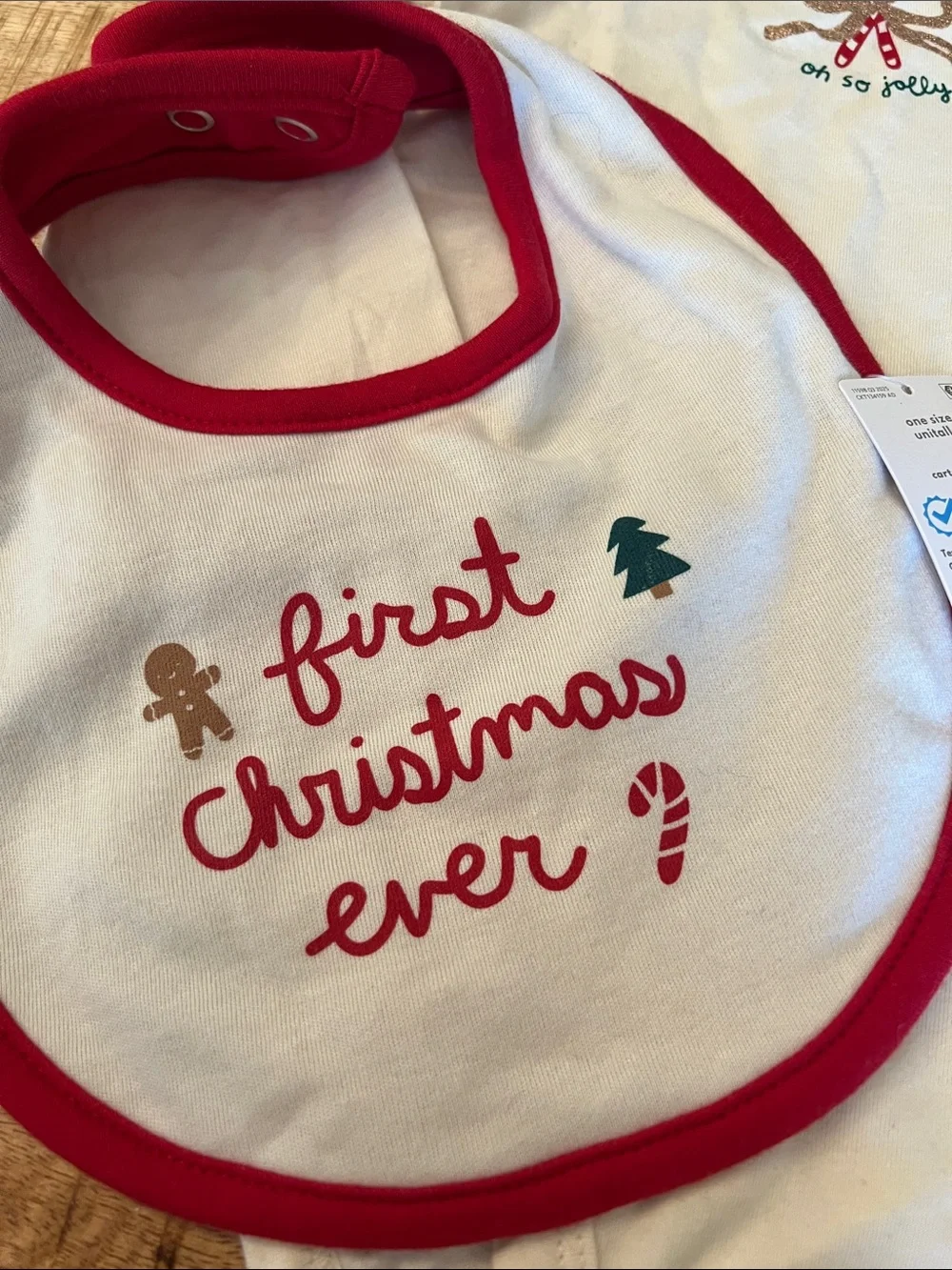 Carter's Cream Long-Sleeve Bodysuit with Red-Trim Holiday Bib